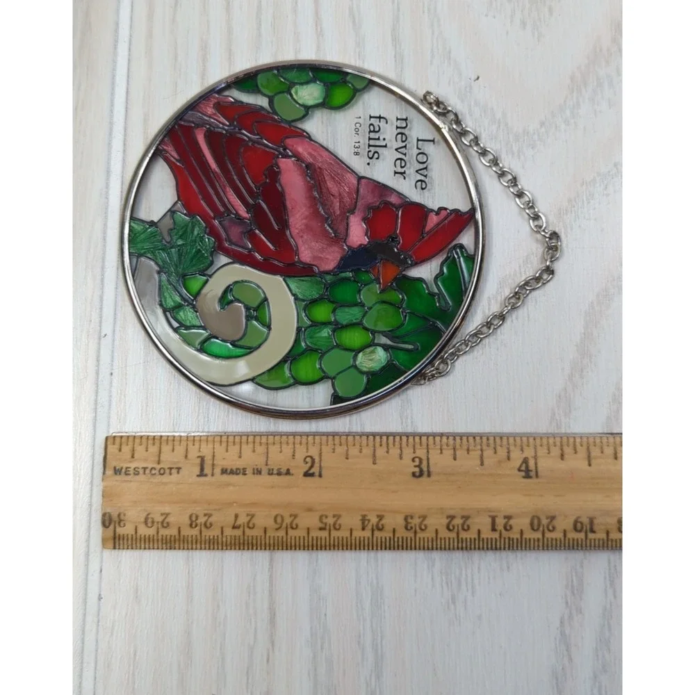 Cardinal suncatcher window hanging stained‎ glass Love Never Fails 1 Cor 13:8